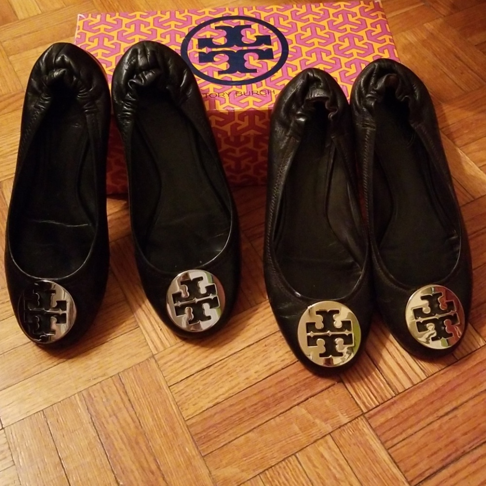 Lot of 2 Tory Burch REVA Flat (1 Black/Silver, 1 Brown/Gold)